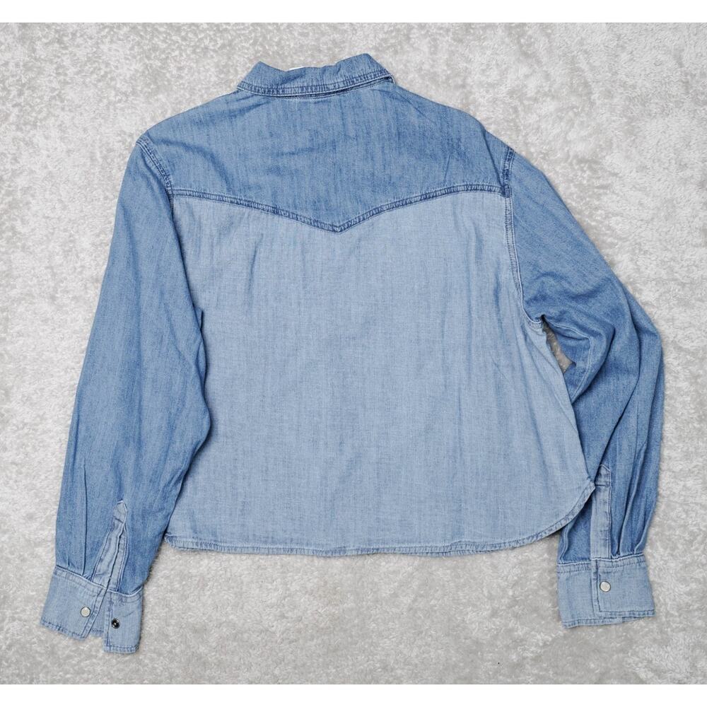 GAP Cropped Patchwork Blue Denim Western Shirt Wo… - image 2